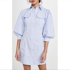 Ganni Stripe Cotton Shirt Dress Brunnera Blue Stripe Puff Sleeve Avant G…